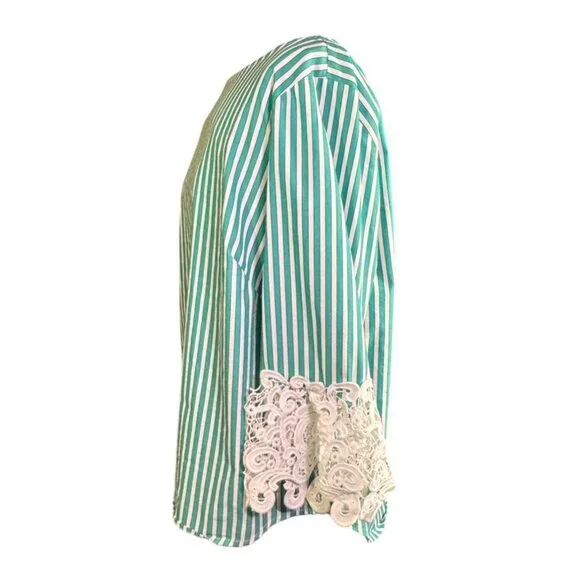 Liz Claiborne Green & White Striped Blouse W/ Lace Cuff Detail M Cotton Blend - Picture 5 of 9